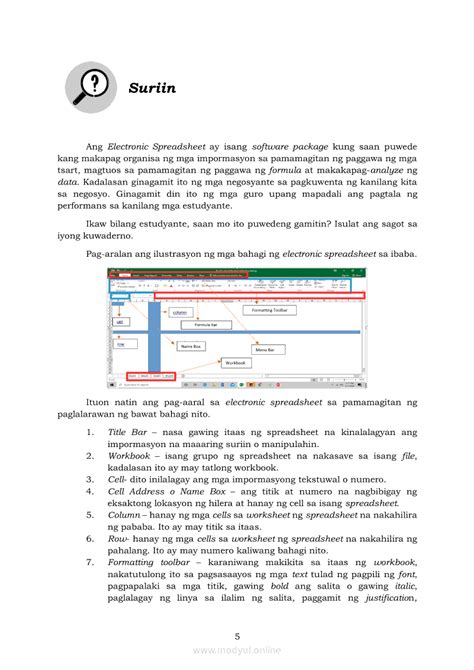 bahagi ng electronic spreadsheet|Grade 5 Edukasyong Pantahanan at Pangkabuhayan Modyul: .